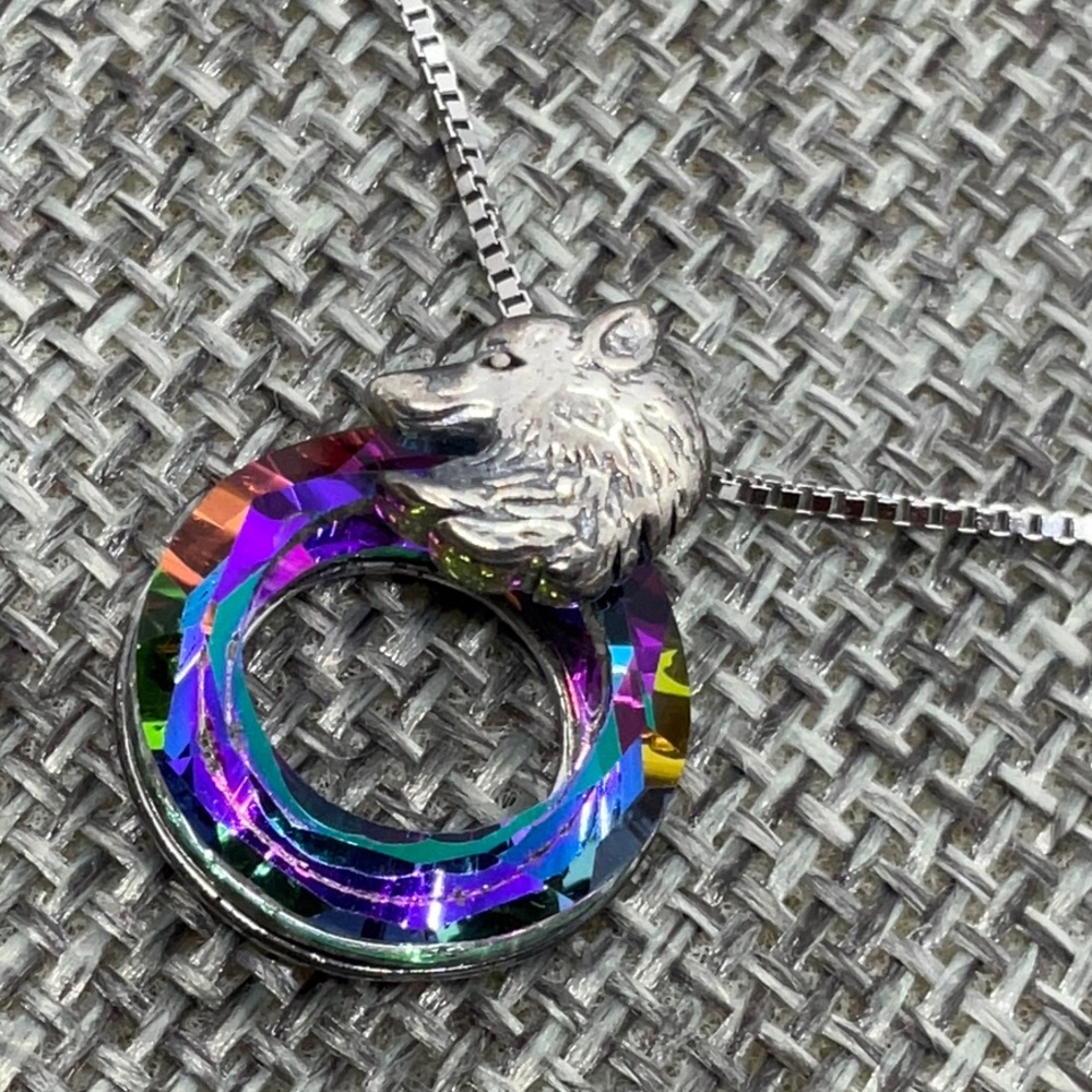 Silver Wolf Multicolor Crystal Circle Pendant Necklace